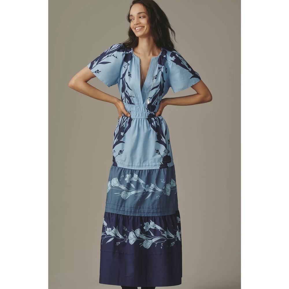 nwt by ANTHRPOLOGIE sz S Somerset Maxi Dress Soft Blue Motif - Picture 2 of 5